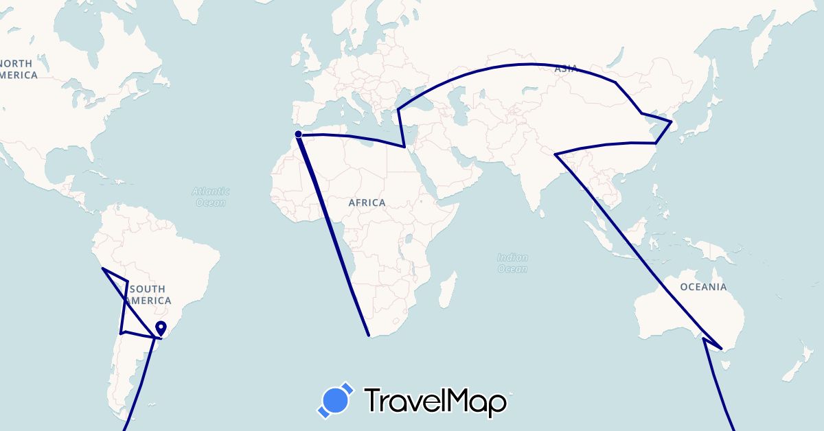 TravelMap itinerary: driving in Argentina, Australia, Bolivia, Chile, China, Egypt, South Korea, Morocco, Mongolia, Nepal, Peru, Turkey, Uruguay, South Africa (Africa, Asia, Oceania, South America)